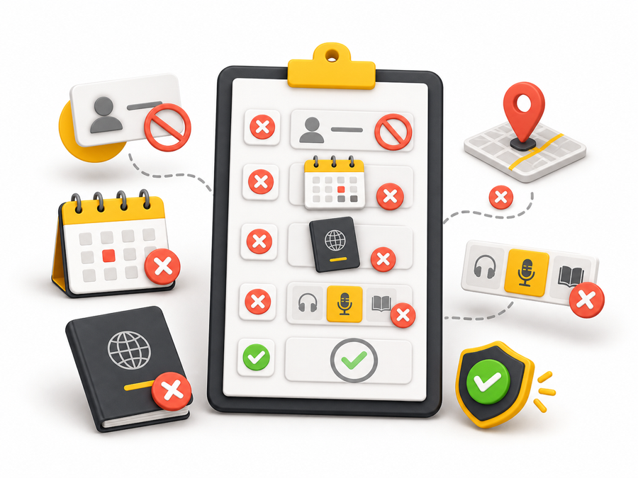 Checklist showing common PTE booking mistakes and a final confirmation check