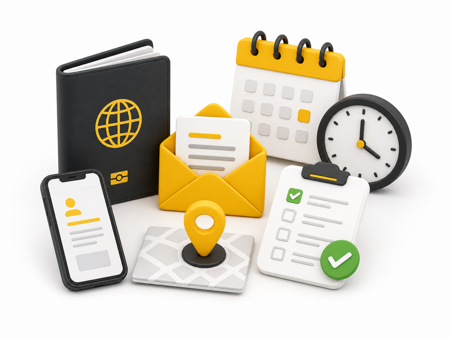 Passport, contact details, calendar and checklist prepared for PTE exam booking