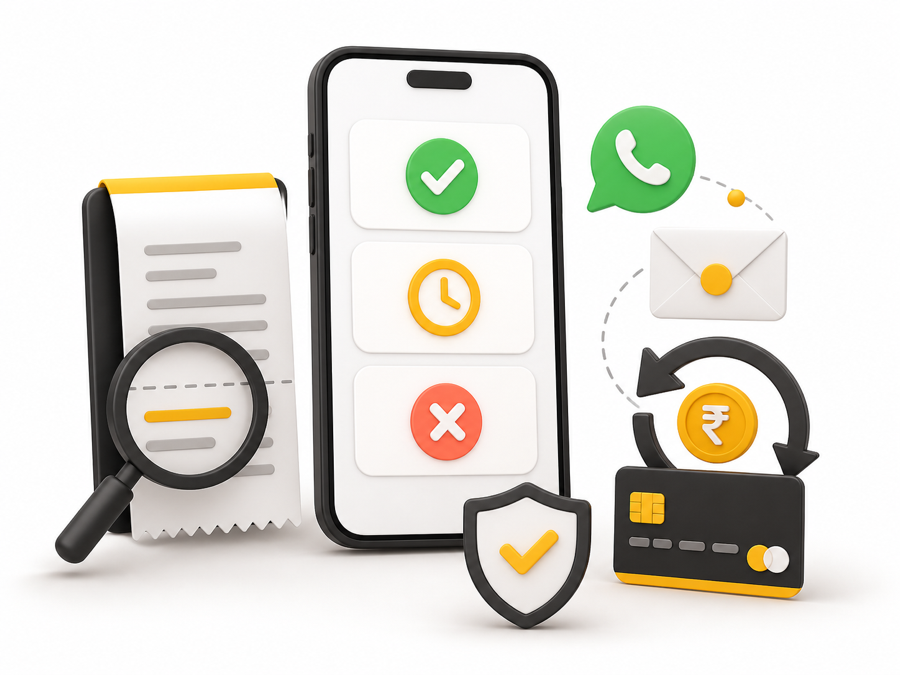 Payment status check, transaction receipt, confirmation messages and bank reversal process