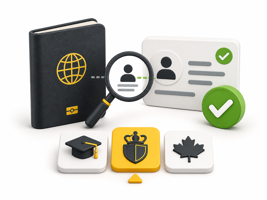 Passport identity check with PTE test-type selection options