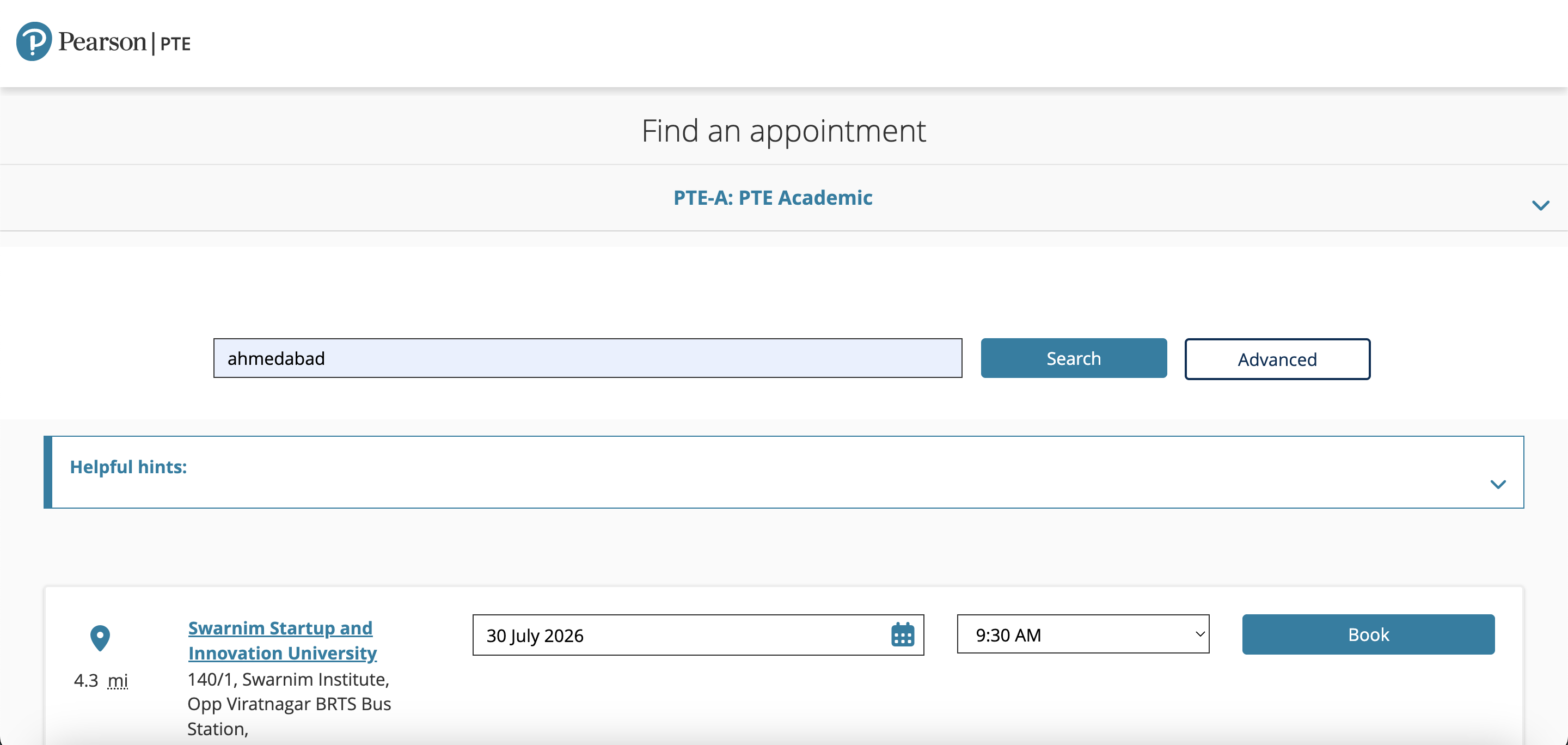Pearson PTE appointment search showing a test centre, date and available time