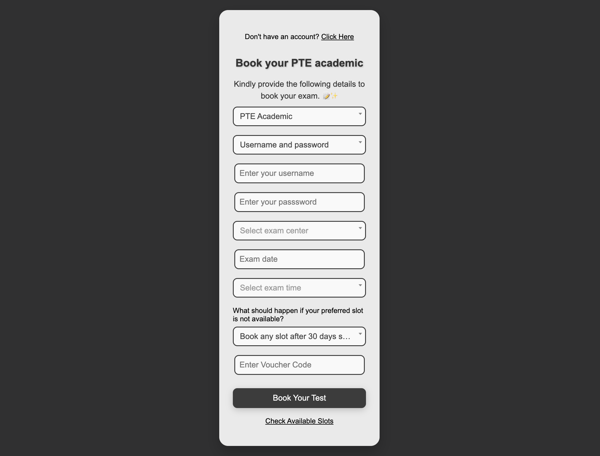 PTENOTE booking form showing PTE test details and unavailable-slot options