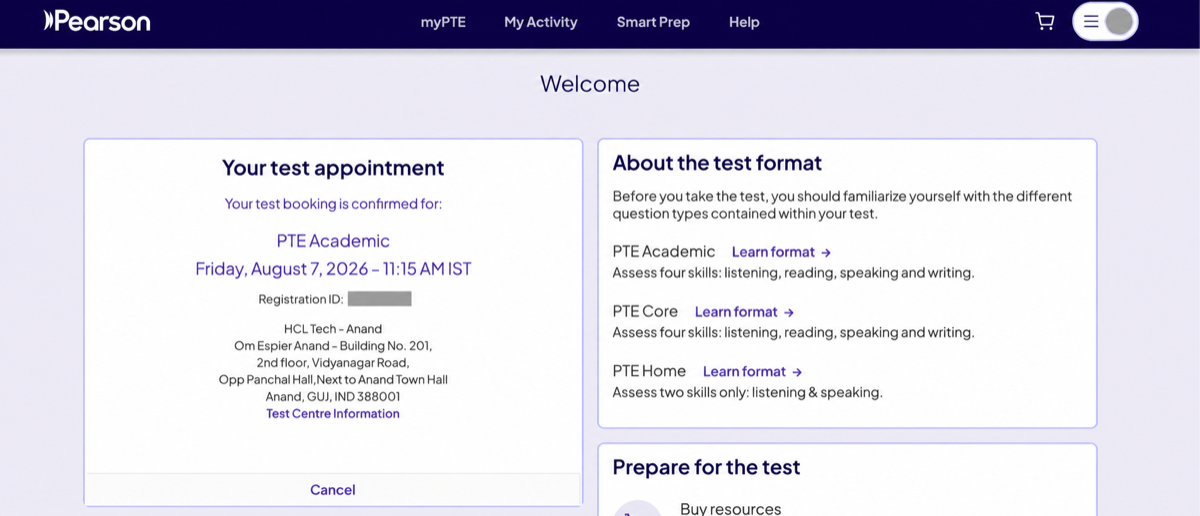 Redacted myPTE account showing an officially confirmed PTE Academic appointment