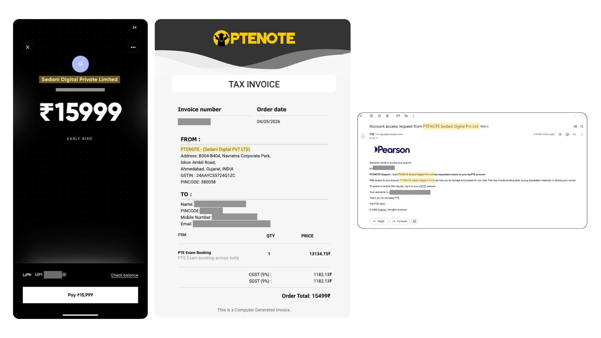 PTENOTE payment recipient, GST invoice and Pearson account-access proof connected to Sedani Digital Pvt Ltd