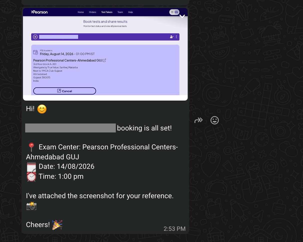 PTENOTE WhatsApp message confirming a completed PTE exam booking