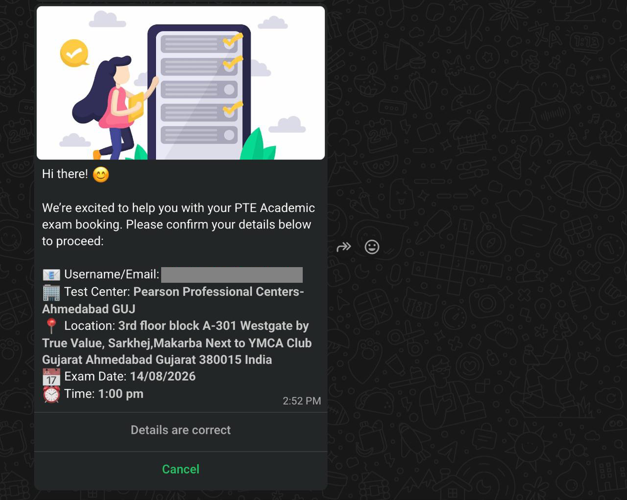 PTENOTE WhatsApp message asking a student to review PTE test centre, date and time before booking
