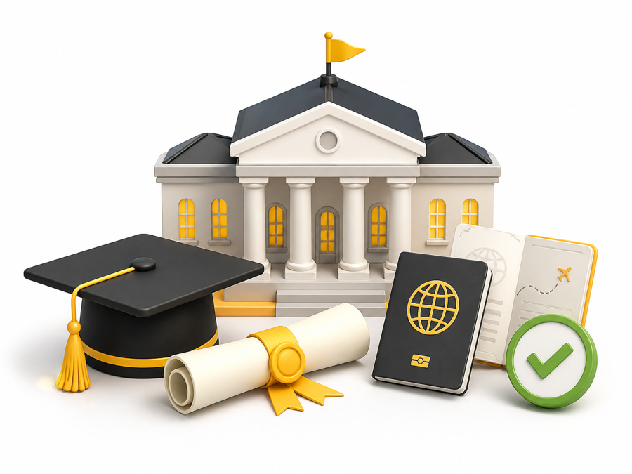 University, graduation and international application illustration for PTE Academic