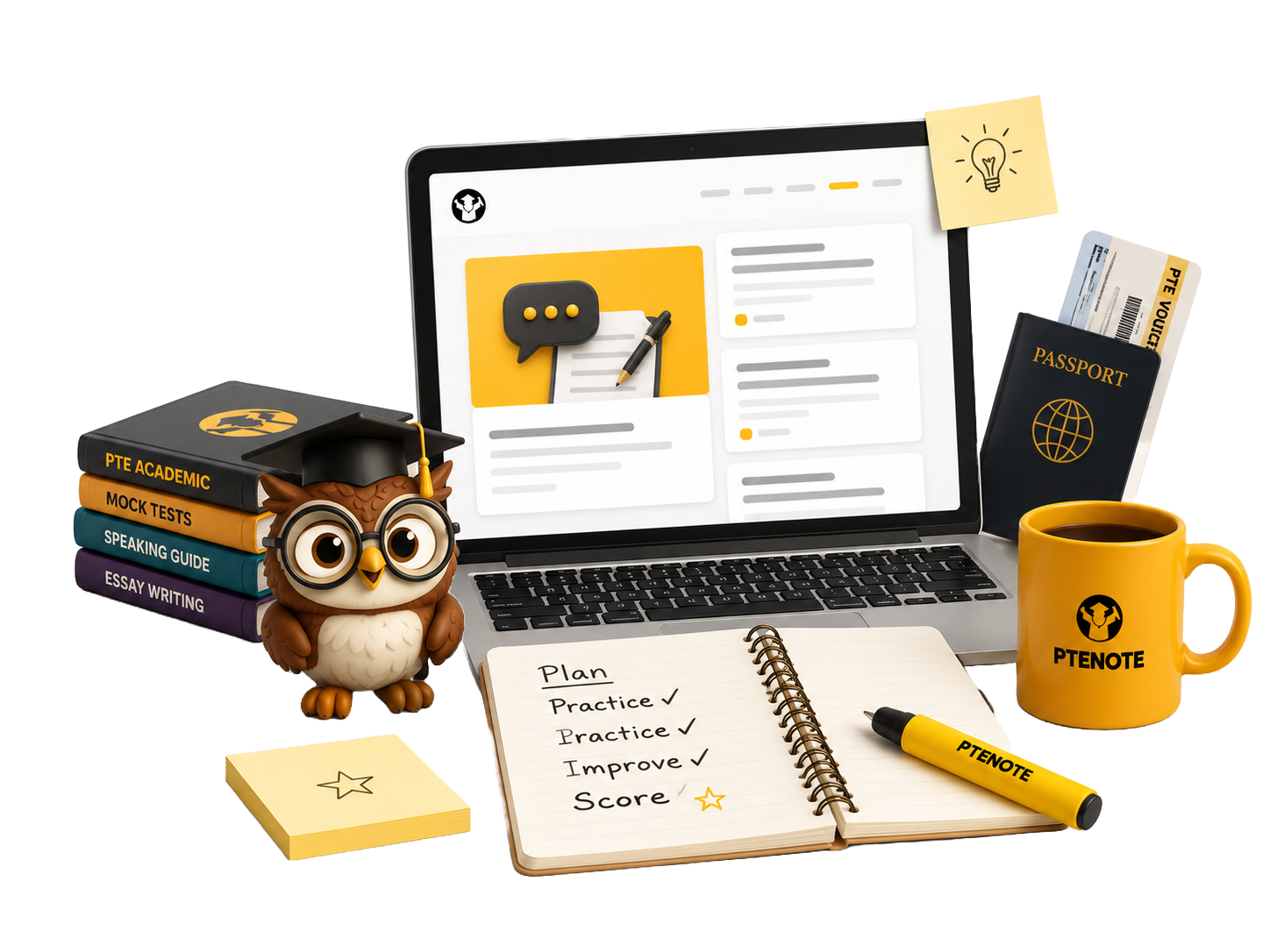 PTENOTE blog study desk with owl, laptop, books, notebook, passport and mug