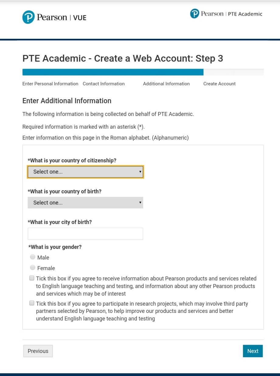 create an account on pearsonpte.com