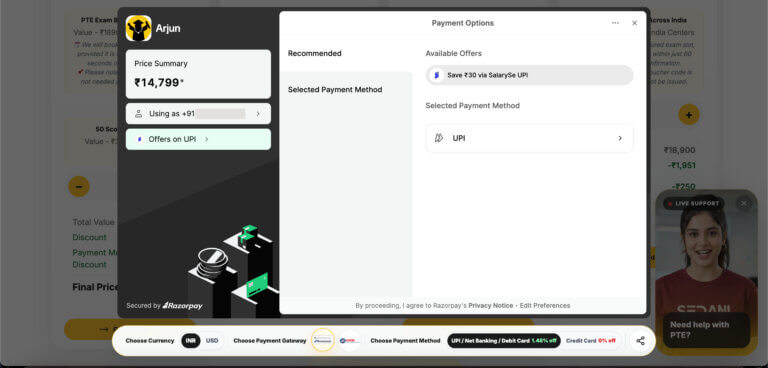 Payment confirmation during our PTE exam booking process