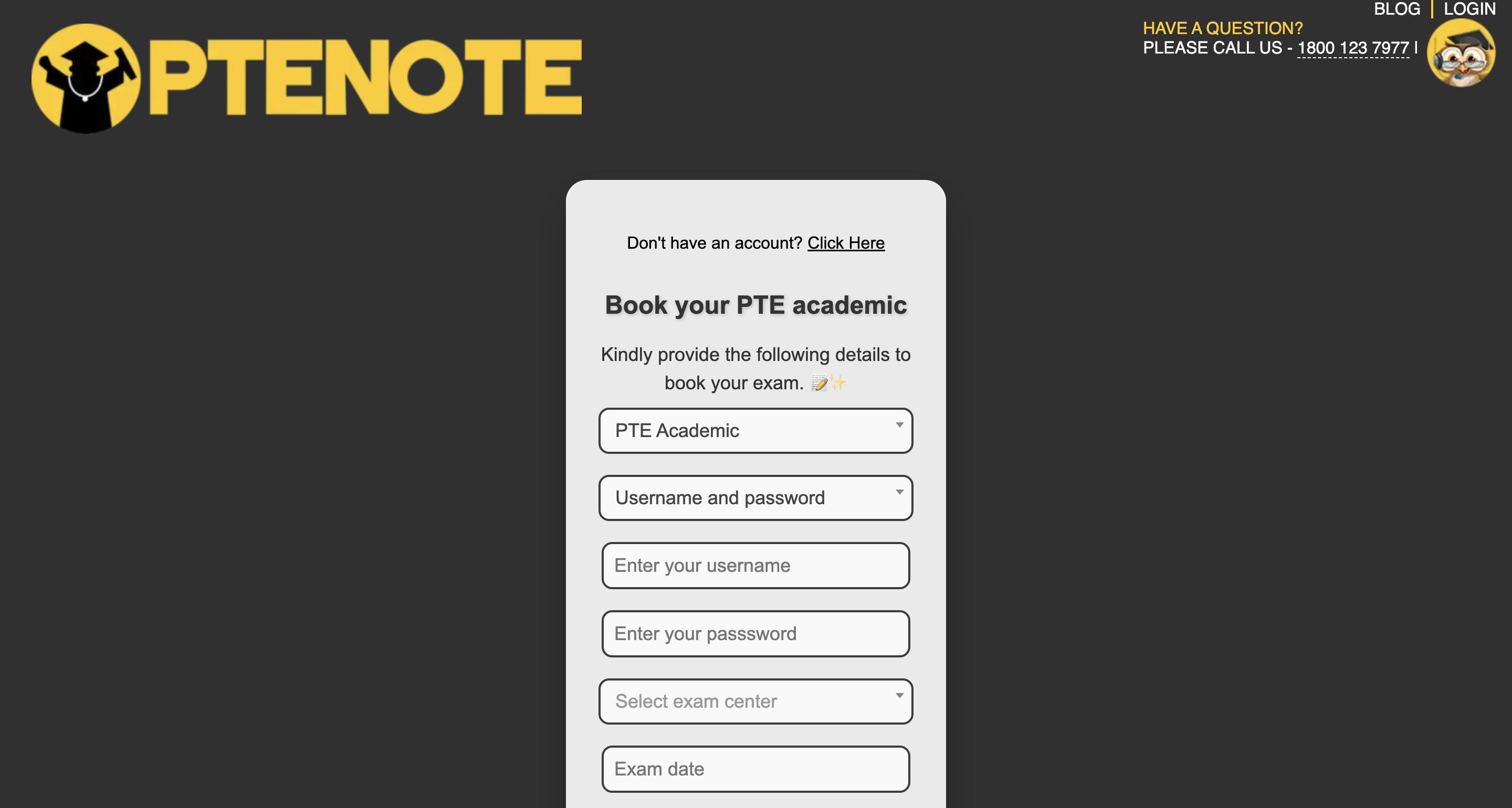 Entering PTE test account centre date and time in our private booking form