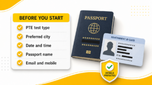 Details required before starting a PTE exam booking