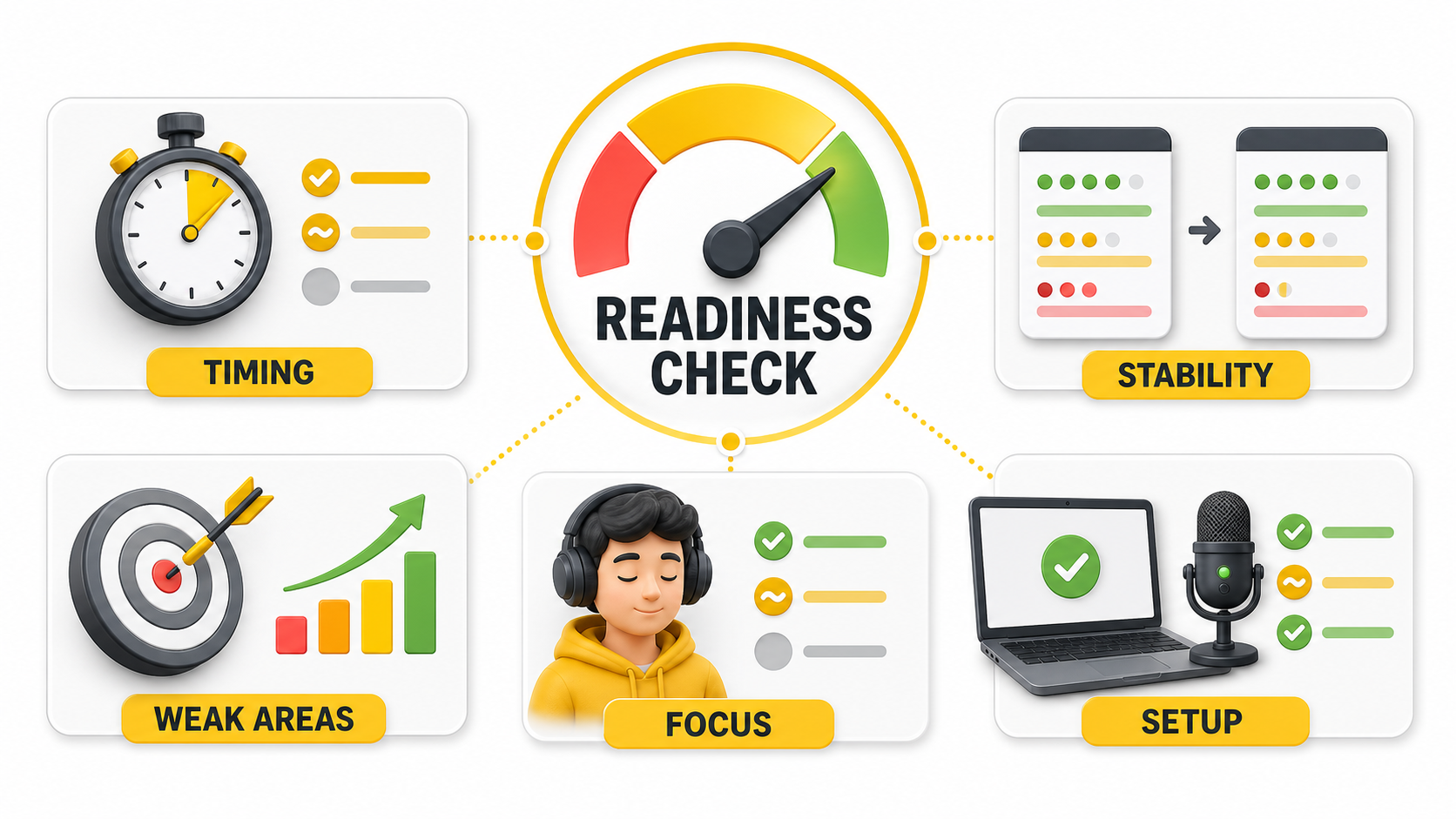PTE readiness check using timing, stability, weak areas, focus and setup