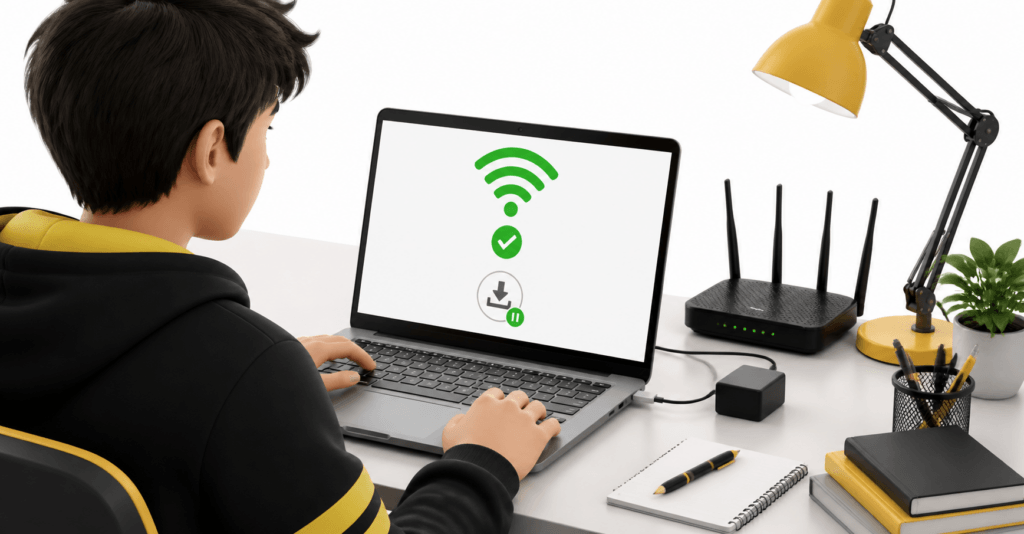 Laptop connected to a nearby router with a stable internet connection