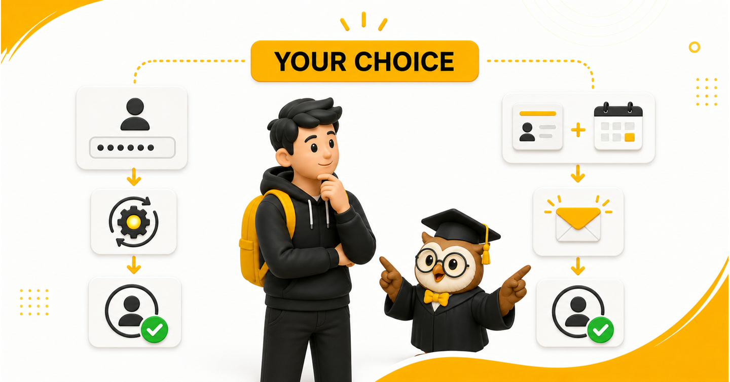 Student comparing automatic myPTE login connection with the PTE ID and date-of-birth invitation option