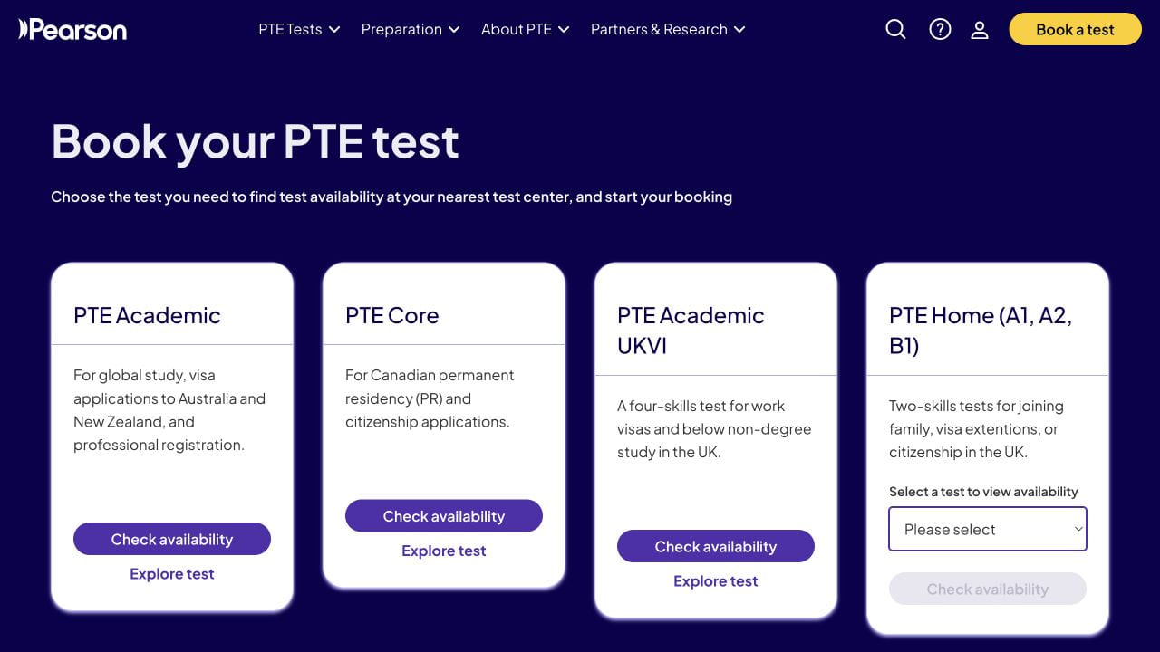 Pearson page for choosing PTE Academic, PTE Core or PTE Academic UKVI