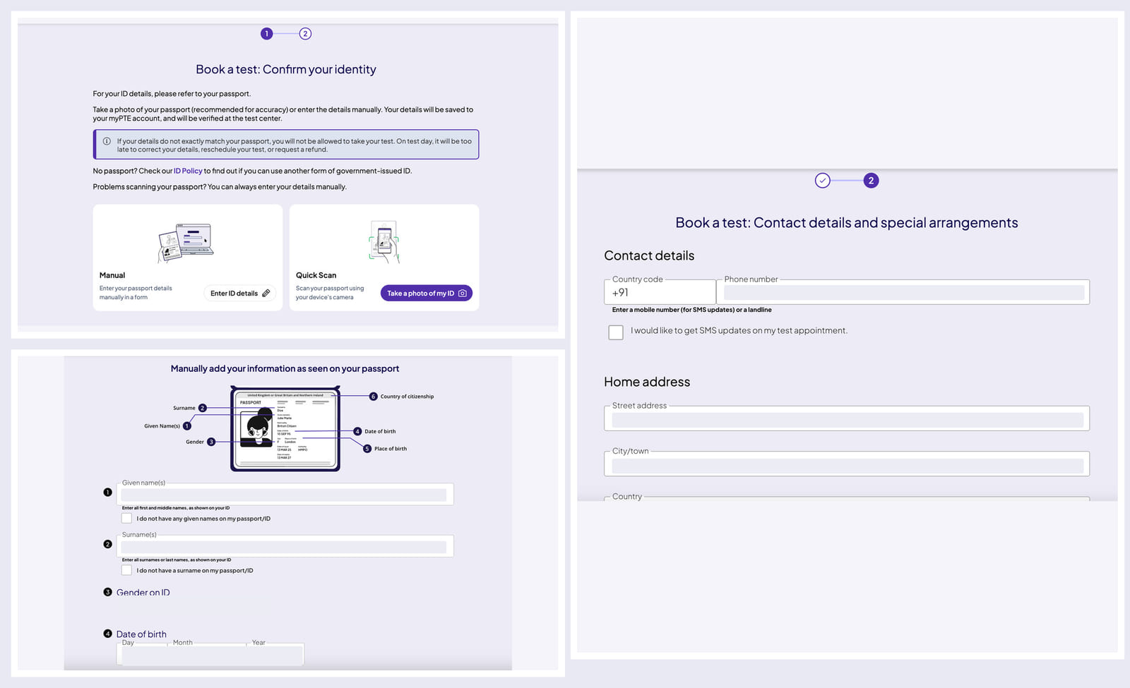 Pearson identity and contact-details steps during PTE exam booking