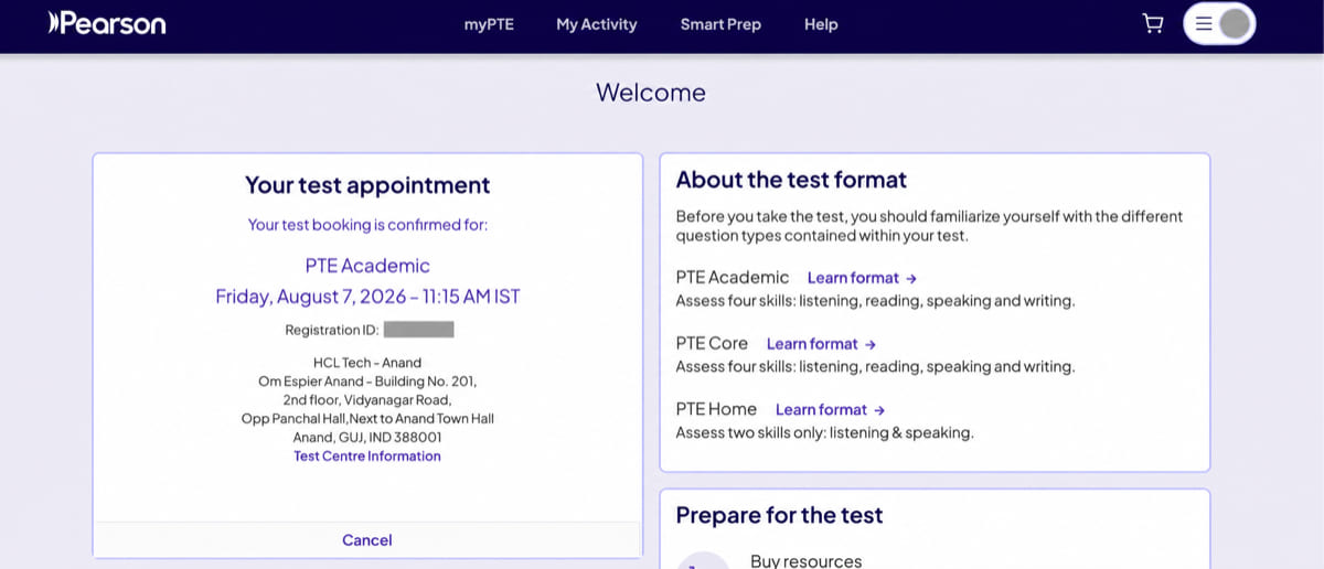 Redacted myPTE dashboard showing a confirmed PTE Academic appointment