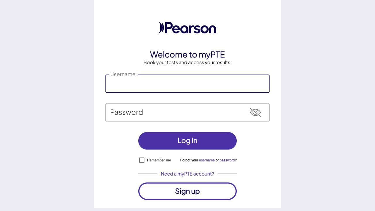 Pearson myPTE login and sign-up screen