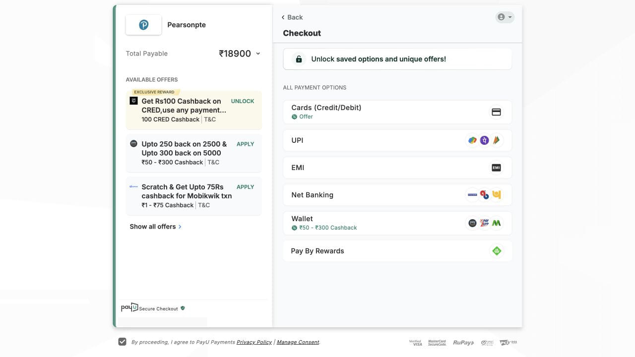 Pearson payment gateway showing card, UPI, EMI, net banking and wallet options