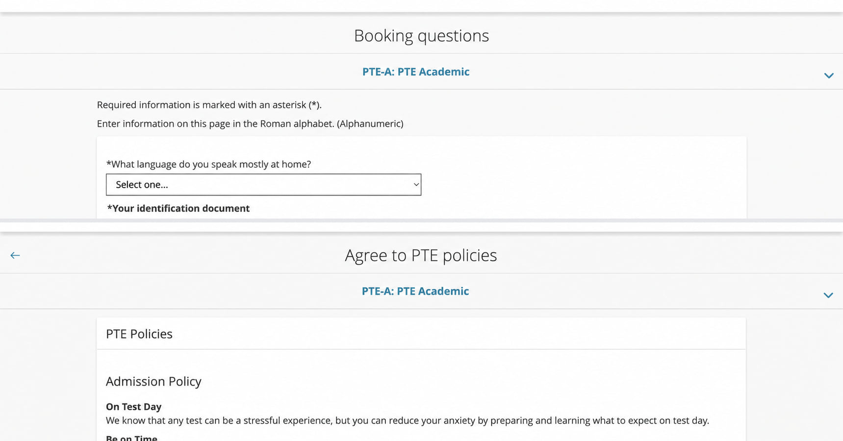 Pearson PTE booking questions and policy acceptance steps