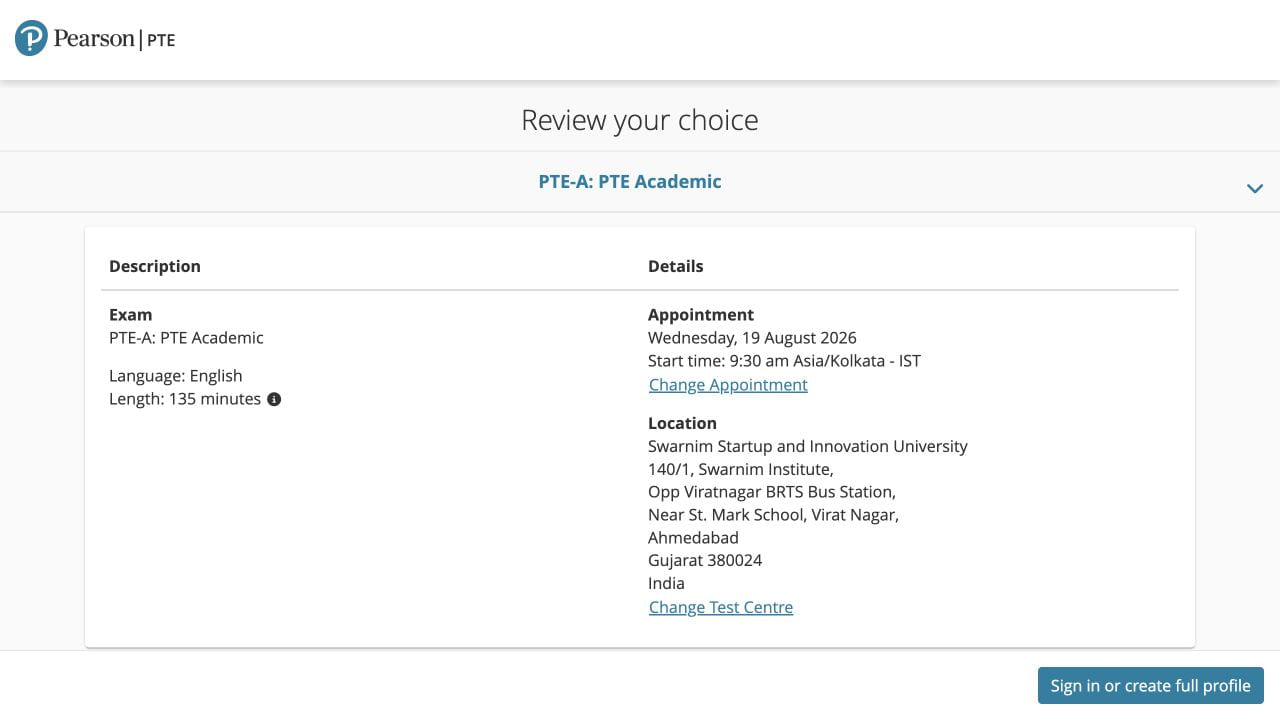 Pearson Review your choice screen showing the selected PTE appointment