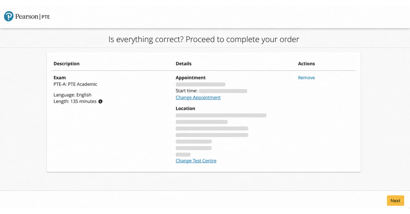 Pearson review screen with PTE exam, appointment and test centre details
