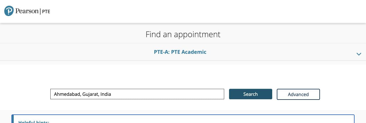 Pearson appointment finder with PTE Academic and Ahmedabad entered