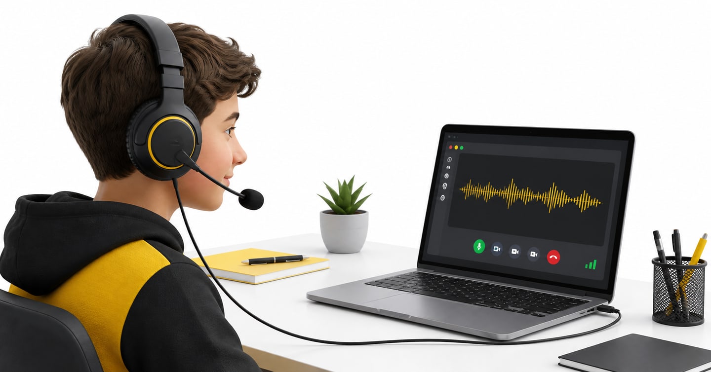 Student using a wired over-ear headset with a boom microphone for a PTE mock test