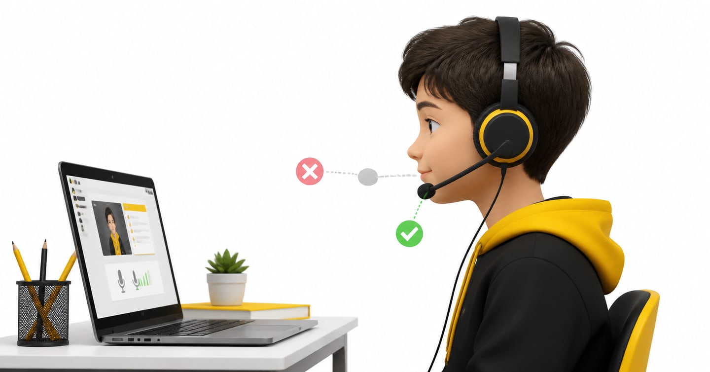 Headset microphone placed beside and slightly below the student's mouth