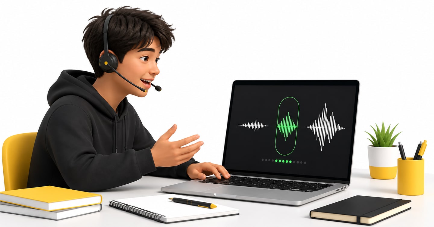 Student speaking at a clear natural volume while the laptop records a steady waveform