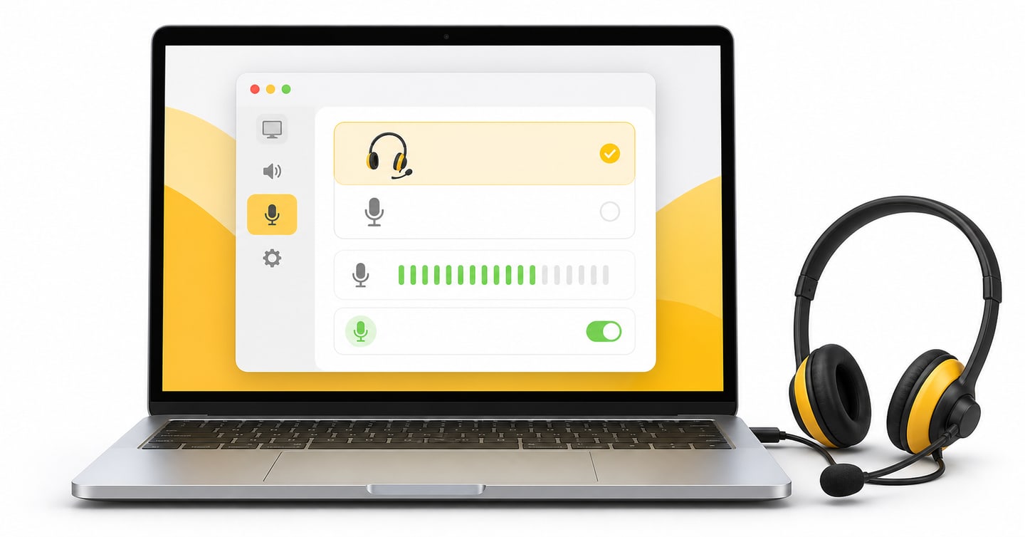 macOS-style sound settings showing the headset microphone selected and working