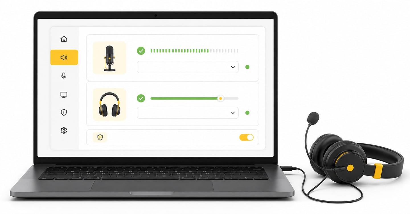 Linux-style audio settings showing the correct microphone input and headphone output