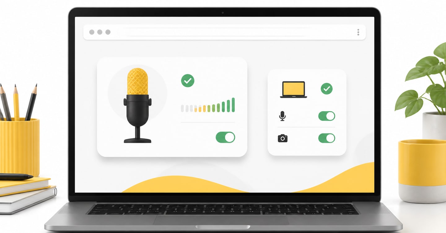 Laptop browser showing microphone access enabled for the mock-test website