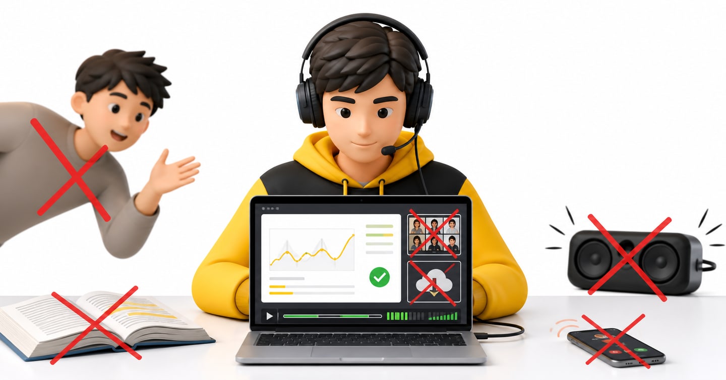 Focused student avoiding phone calls, open books, outside help and loud speakers