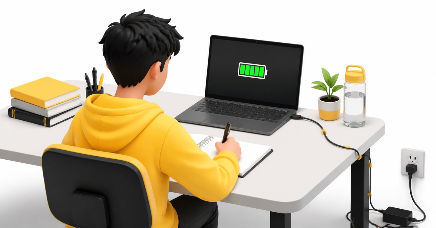 Laptop connected securely to power before starting a full mock test