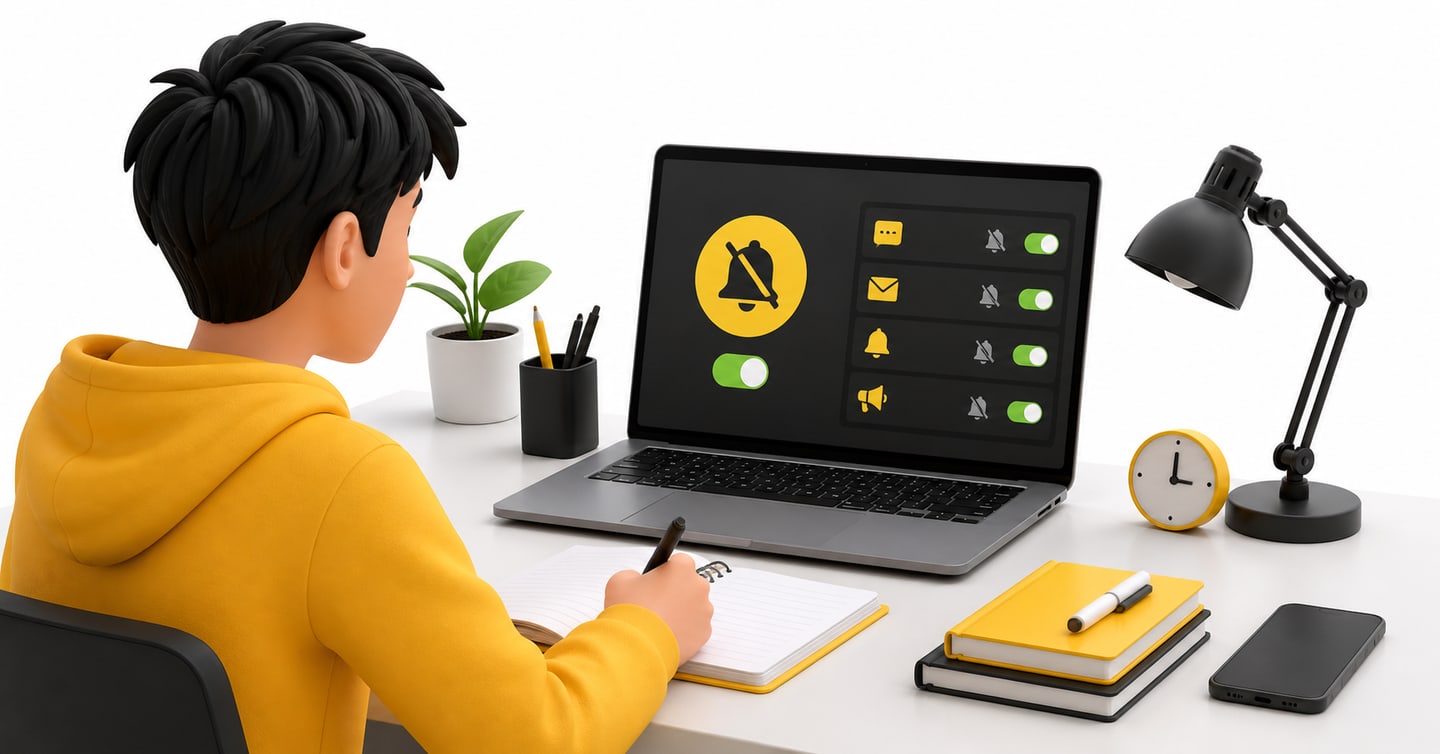 Laptop in do-not-disturb mode with a silent phone beside it