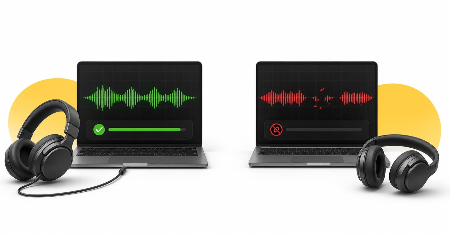 Comparison of stable wired headset audio and disconnected Bluetooth audio