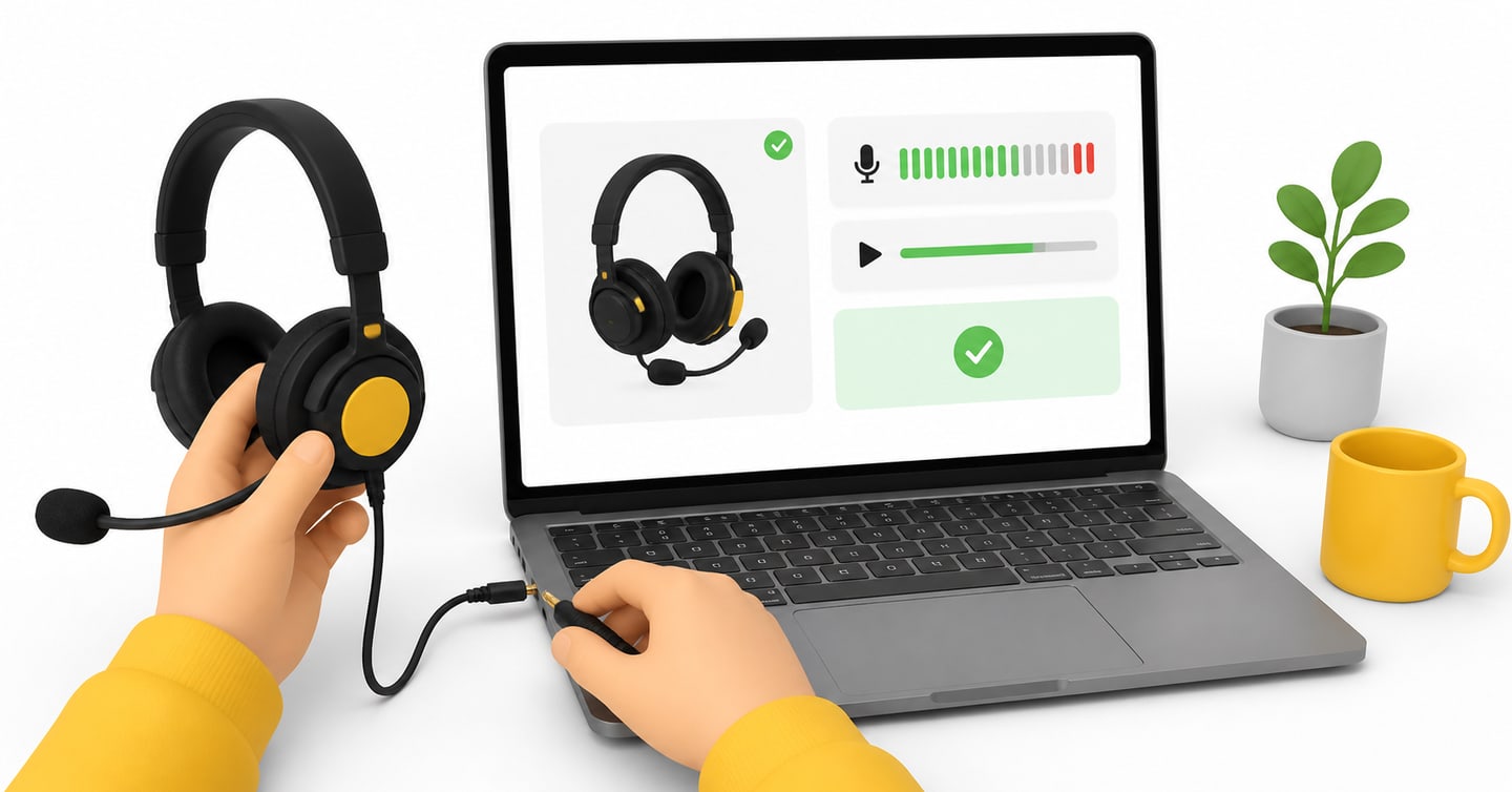Hands connecting a wired headset firmly to a laptop before a PTE mock