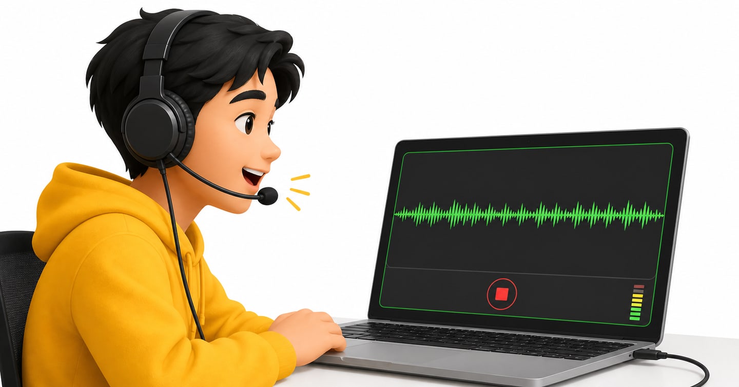 Student recording a complete sentence through a wired headset microphone