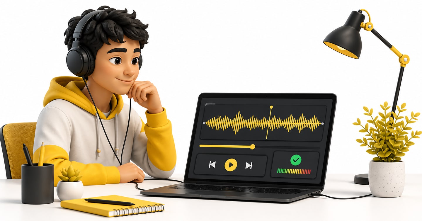 Student listening to a complete test recording through wired headphones