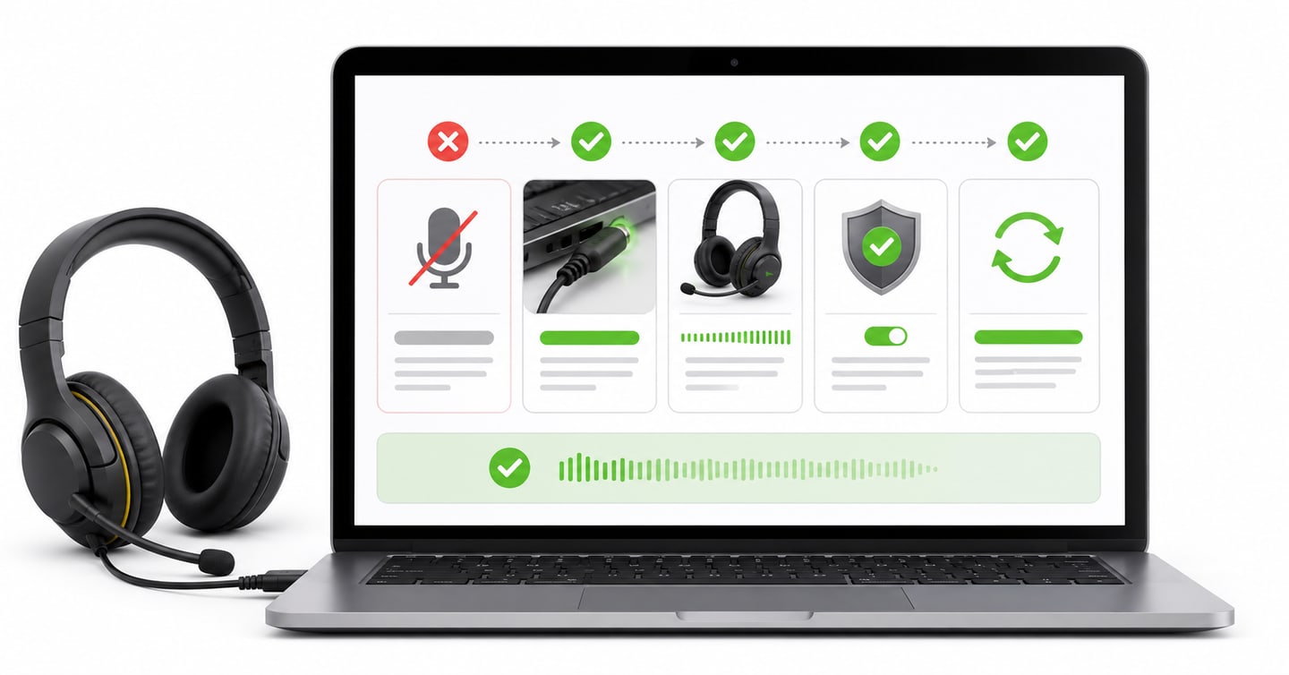 Laptop showing connection and permission checks for an undetected microphone