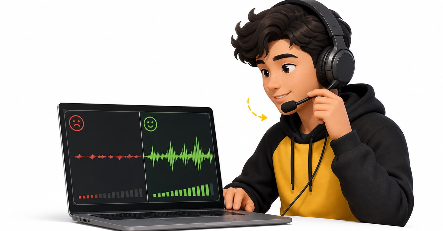 Student moving the headset microphone closer to improve a quiet recording