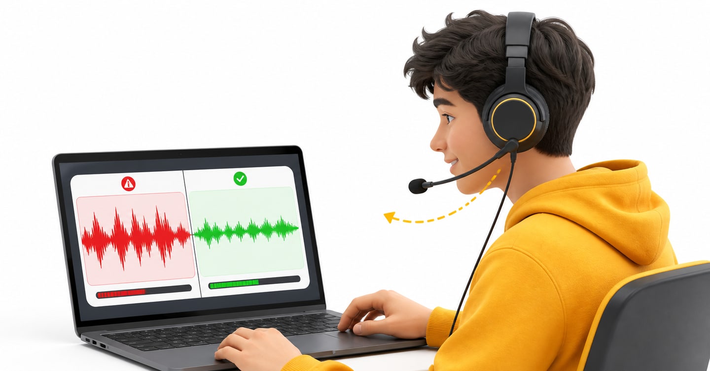 Student moving the headset microphone farther away to stop audio clipping