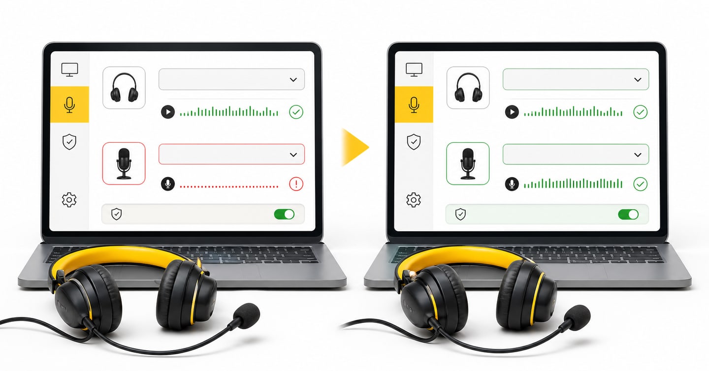 Laptop showing working headphone output and silent microphone input