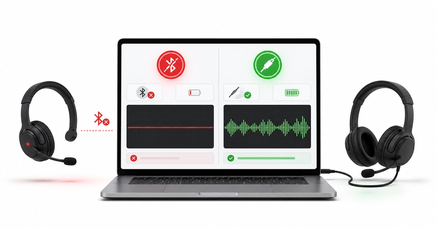 Comparison of disconnected Bluetooth audio and stable wired headset audio