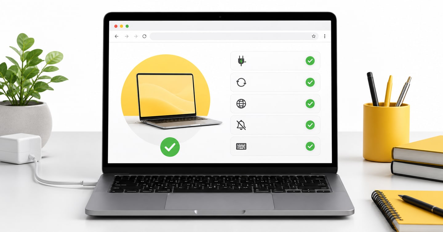 Laptop ready with power, working keyboard, closed apps and no notifications