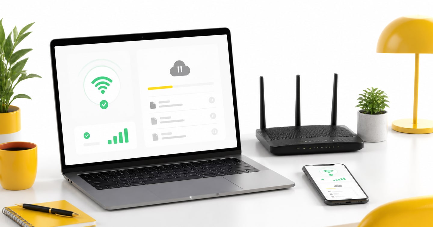 Laptop connected to a stable router with downloads paused