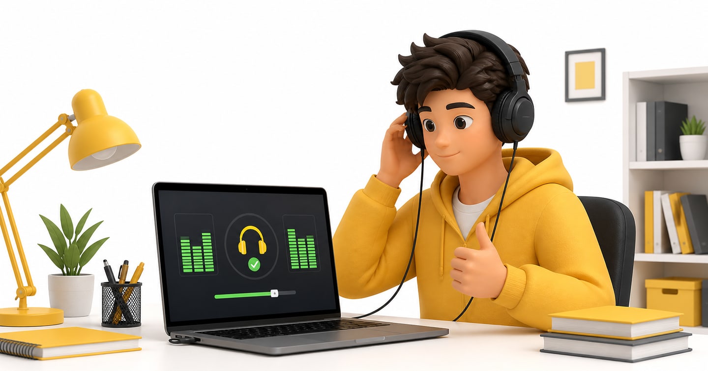 Student checking balanced headphone sound at a comfortable volume
