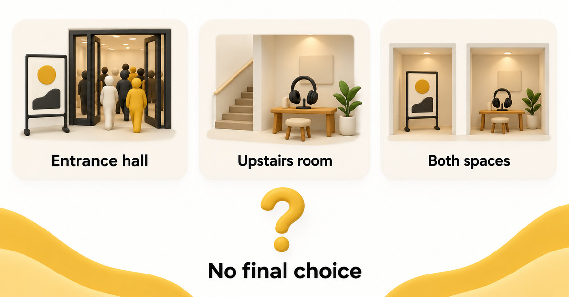 Three exhibition options—entrance hall, upstairs room, or both spaces—remain open without a final choice.